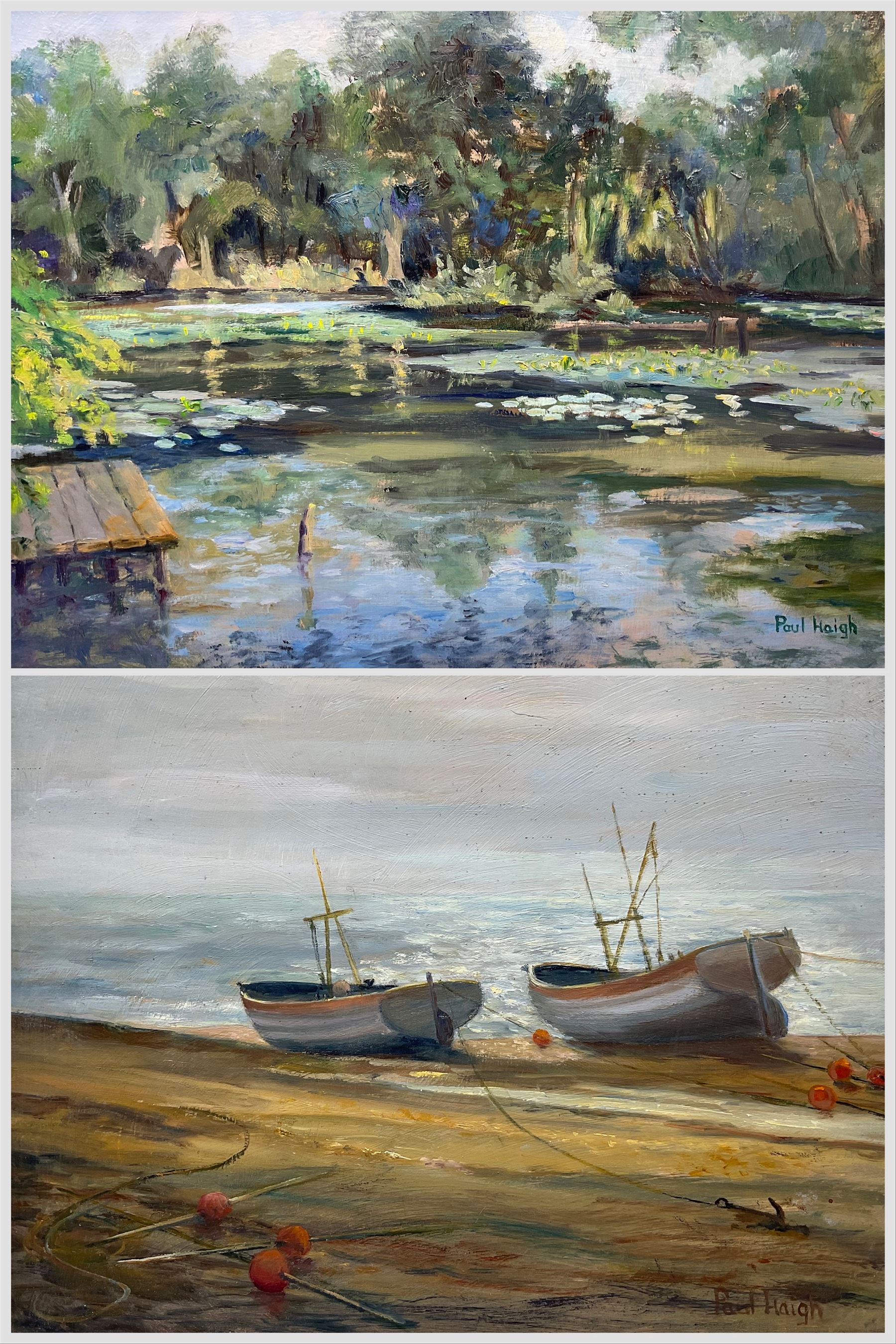 Paul Haigh (British 20th Century): 'Beached Fishing Boats at Aldeburgh' and 'The Lake at Elkington', two oils on board signed, titled verso max 29cm x 39cm (2)