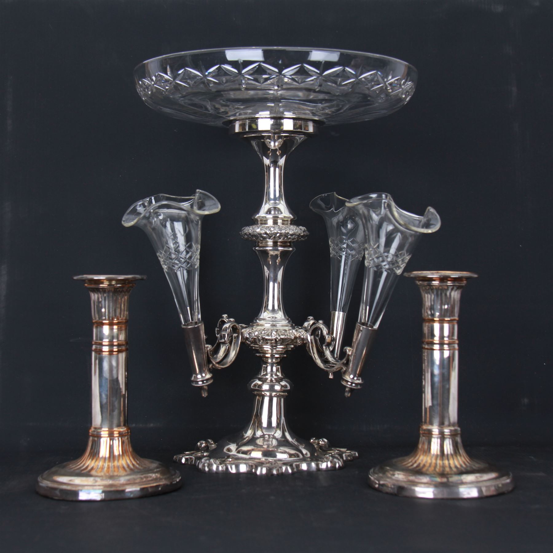 Walker & Hall Sheffield silver plated epergne and a pair of plated candle sticks, epergne H35cm