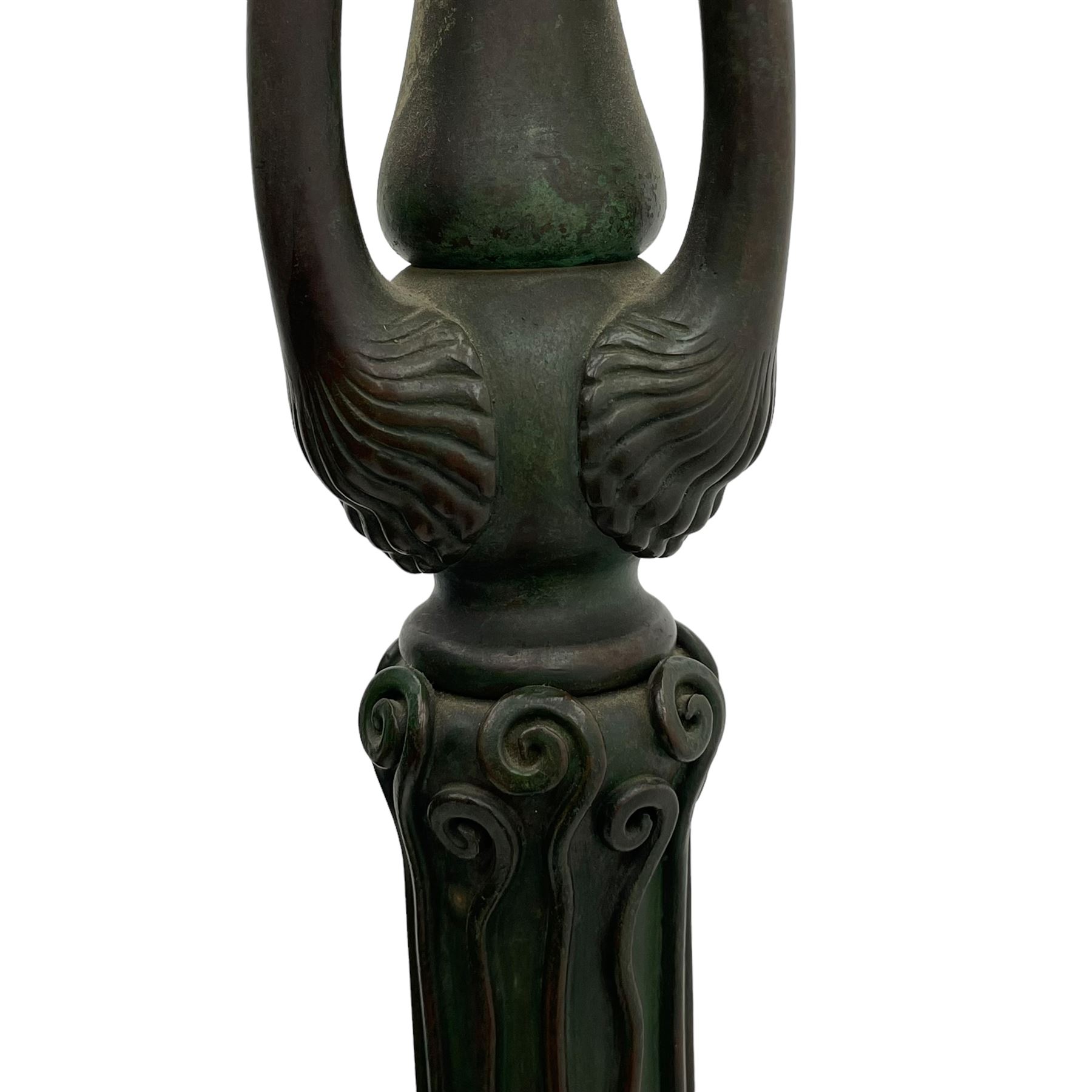 In the manner of Tiffany & Co. - bronze 'Chased Pod' design floor lamp, 'Maple Leaf' dome leaded glass shade decorated with flowers in blue and green shades, six branches on column decorated with stylised trailing stems terminating to circular base with stylised plant decoration, on scrolled feet, the base stamped 'Tiffany Studios New York 379' the inner shade stamped 'Tiffany Studios New York [...]'