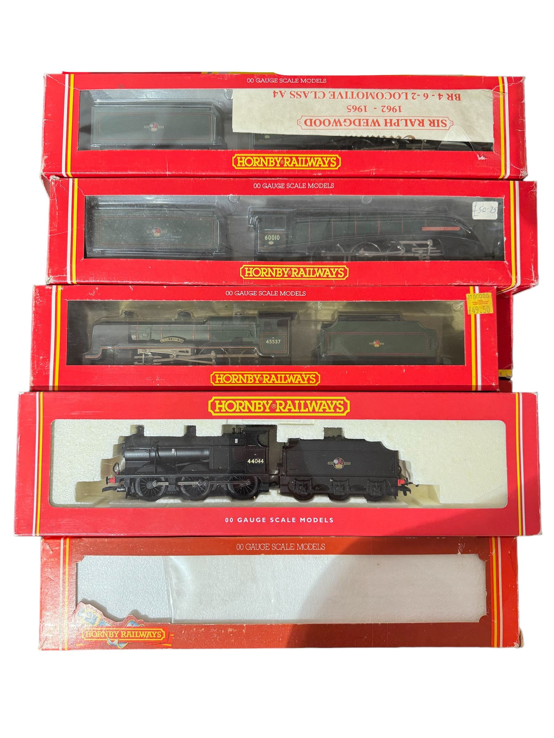 Five Hornby '00' gauge locomotives, comprising R2066 Class 4F 0-6-0 locomotive no. 44044, R578 Patriot Class 4-6-0 Pte E.Sykes VC locomotive no. 45537, R175 Compound Class 4P 4-4-0 locomotive no. 41043, R353 Class A4 4-6-2 Sir Ralph Wedgwood locomotive no. 60006 and R144 Class A4 4-6-2 Dominion of Canada locomotive no. 60010, all boxed