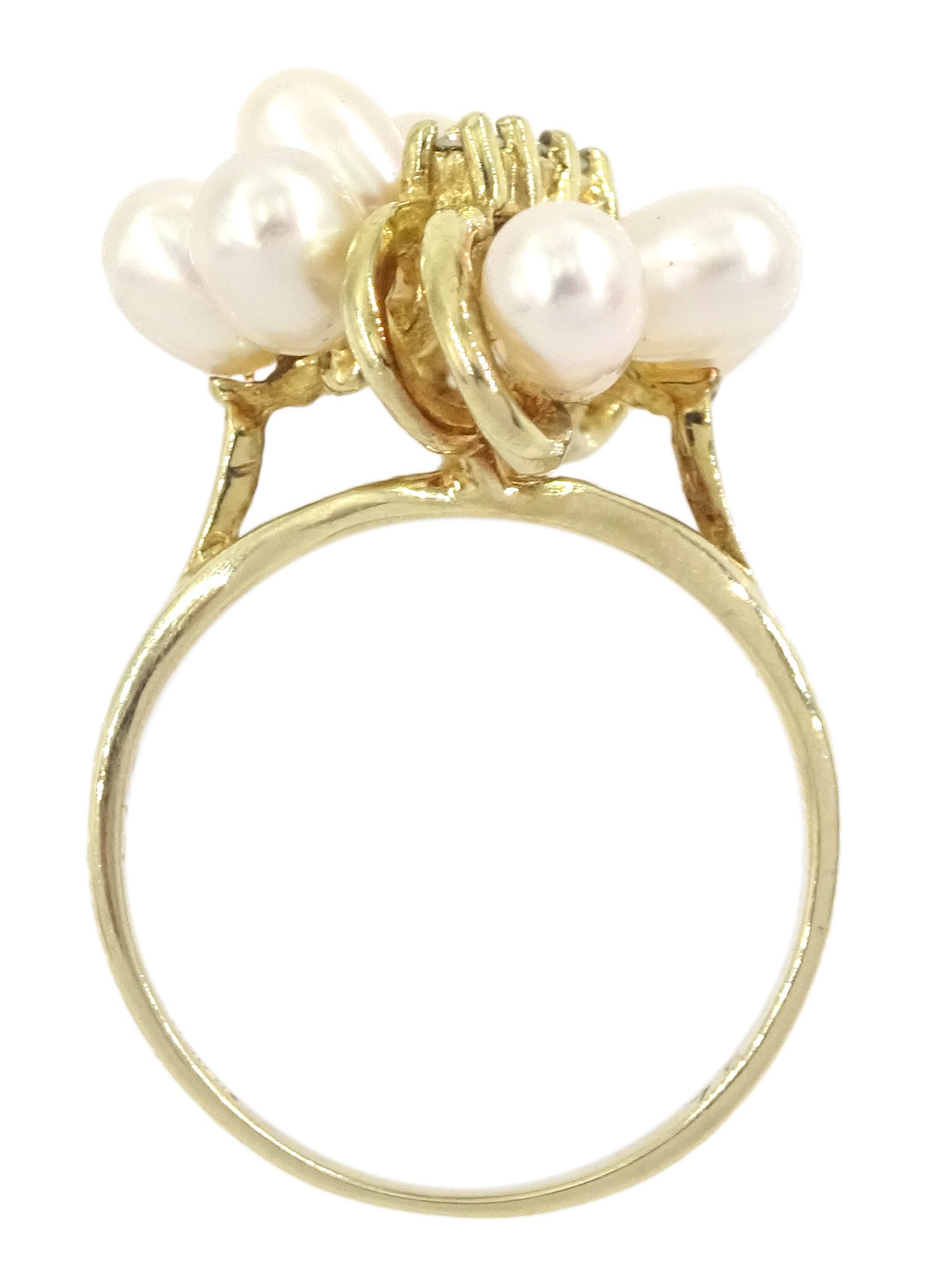 9ct gold pearl and three stone diamond cluster ring, Birmingham import mark 1992