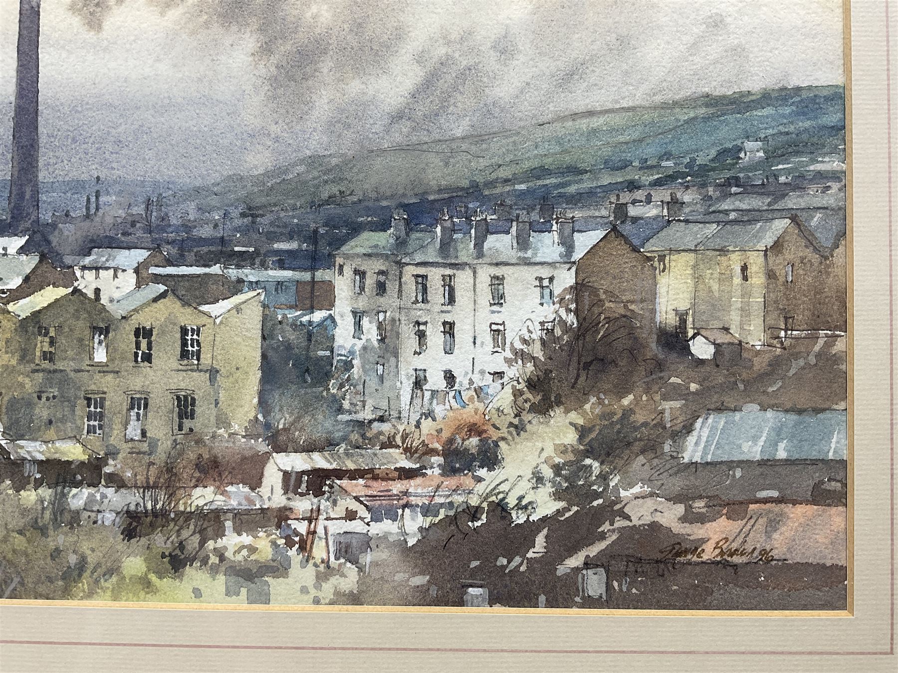 George Busby (British 1926-2005): 'Cold Light' - Mill Town Landscape, watercolour signed and dated '96, titled verso 19cm x 28cm