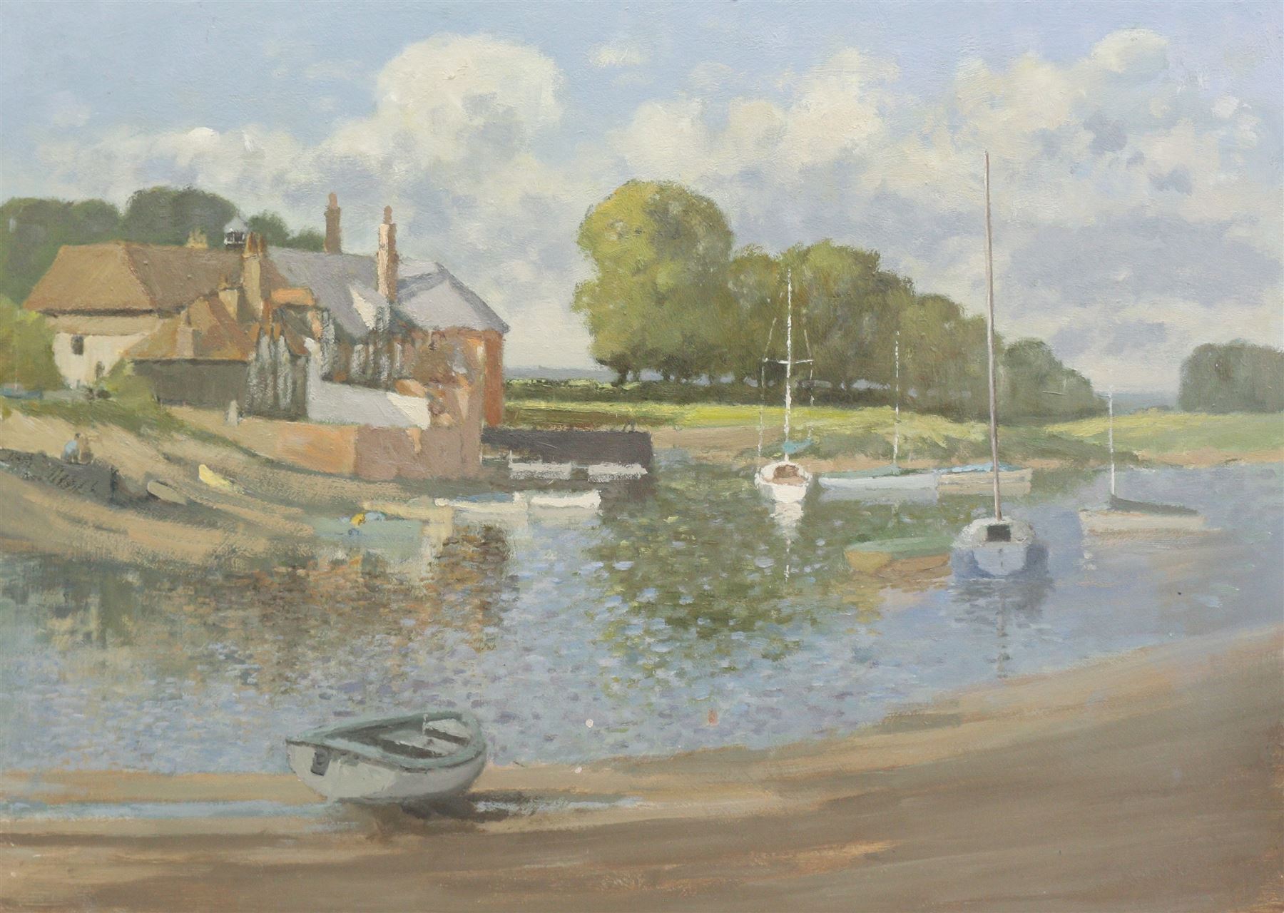 William Burns (Northern British 1923-2010): 'The Water's Edge', oil on board signed, titled verso 51cm x 71cm (unframed) Provenance: Direct from the family of the artist. Notes: Born in Sheffield in 1923, William Burns RIBA FSAI FRSA studied at the Sheffield College of Art before the outbreak of the Second World War, during which he helped illustrate the official War Diaries for the North Africa Campaign, and was elected a member of the Armed Forces Art Society. On his return, he studied architecture at Sheffield University and later ran his own successful practice, being a member of the Royal Institute of British Architects. However, painting had always been his self-confessed 'first love', and in the 1970s he gave up architecture to become a full-time artist, having his first one-man exhibition in 1979.