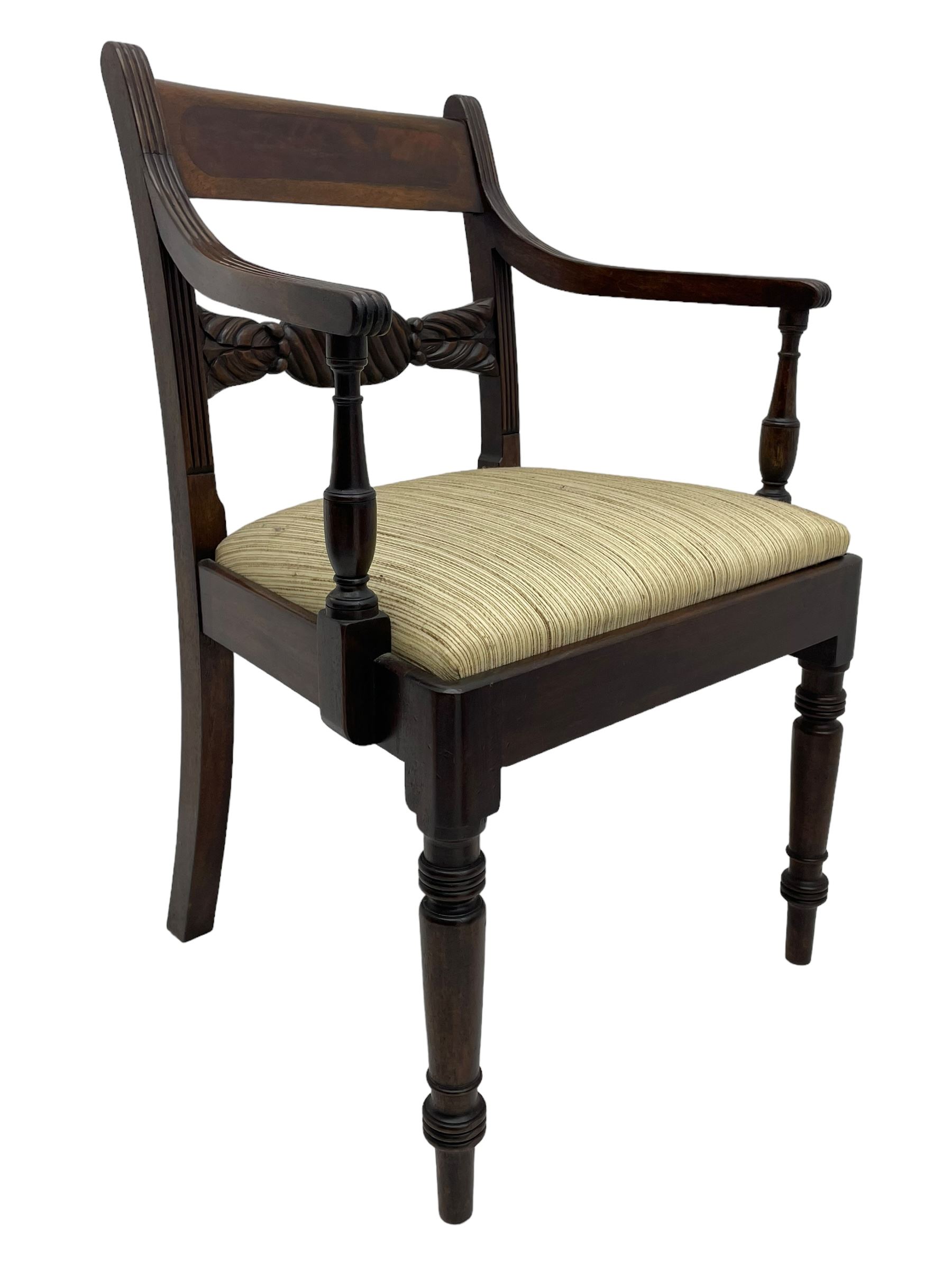 Georgian design set of six (6+2) mahogany dining chairs, the bar cresting rail inlaid with figured mahogany panel, shaped twist lobe carved middle rail with extending stylised leaf decoration, upholstered drop-in seat, on turned front supports 