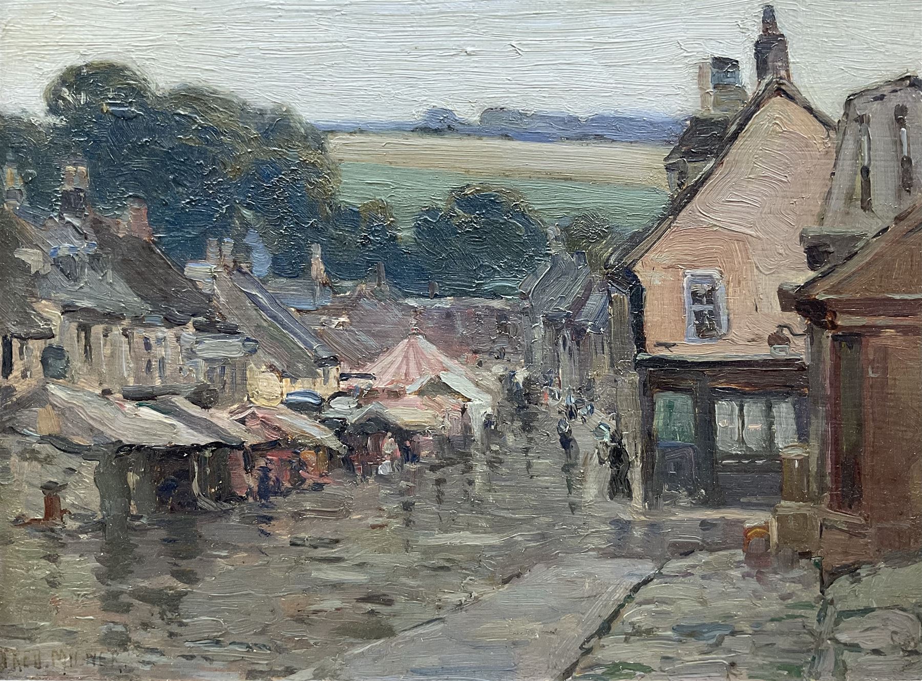 Frederick 'Fred' Milner (Cornish 1863-1939): Rainy Market Day, oil on panel signed 20cm x 26cm