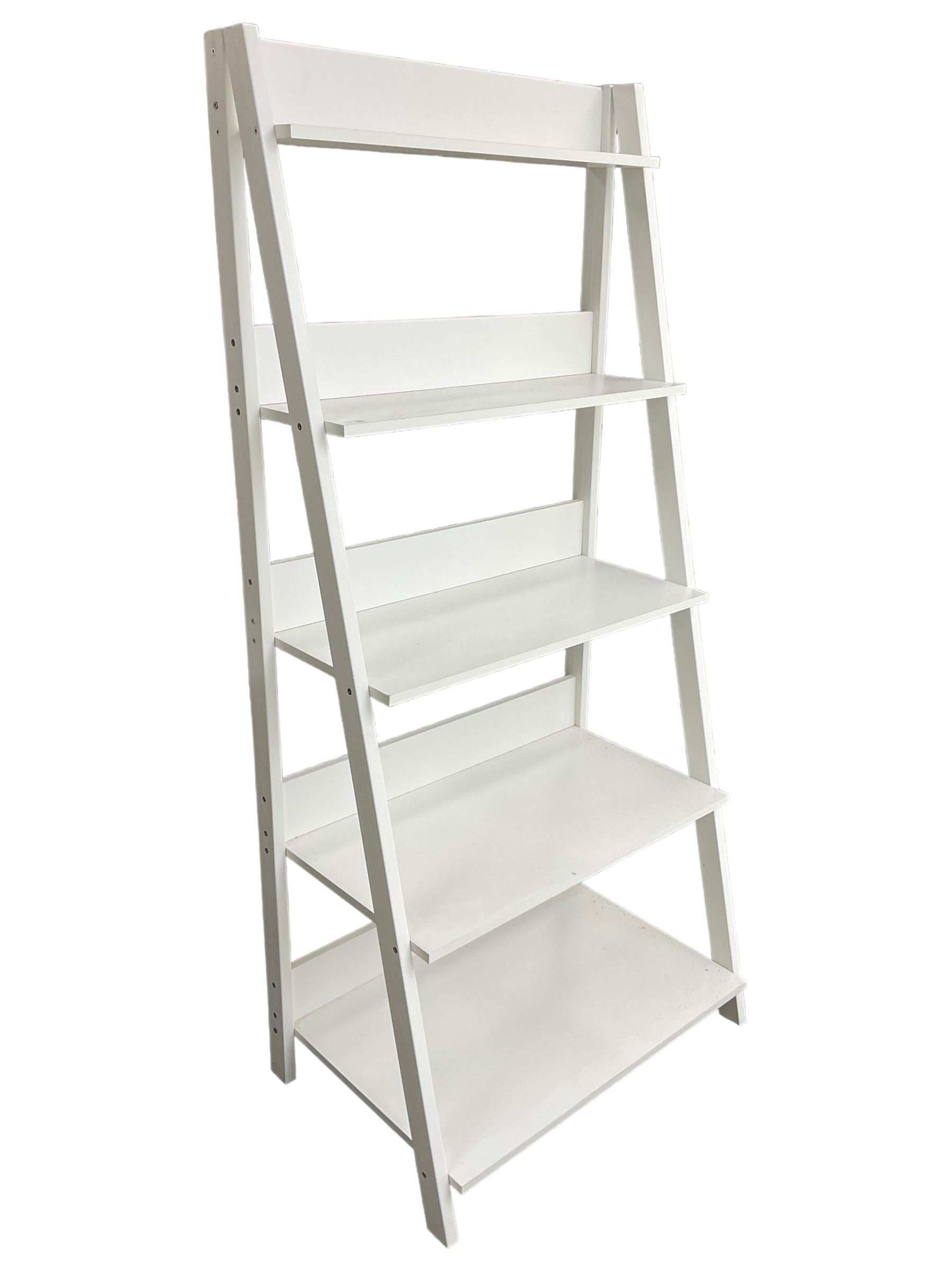 Contemporary white finish shelving unit, five graduating sloped shelves