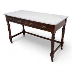 James Shoolbred & Co. (London: 1814-1934) - Edwardian mahogany washstand, rectangular white marble top over two frieze drawers with reed mouldings, on turned supports united by plain stretchers with brass and ceramic castors, the drawer stamped 'Jas Shoolbred & Co.'