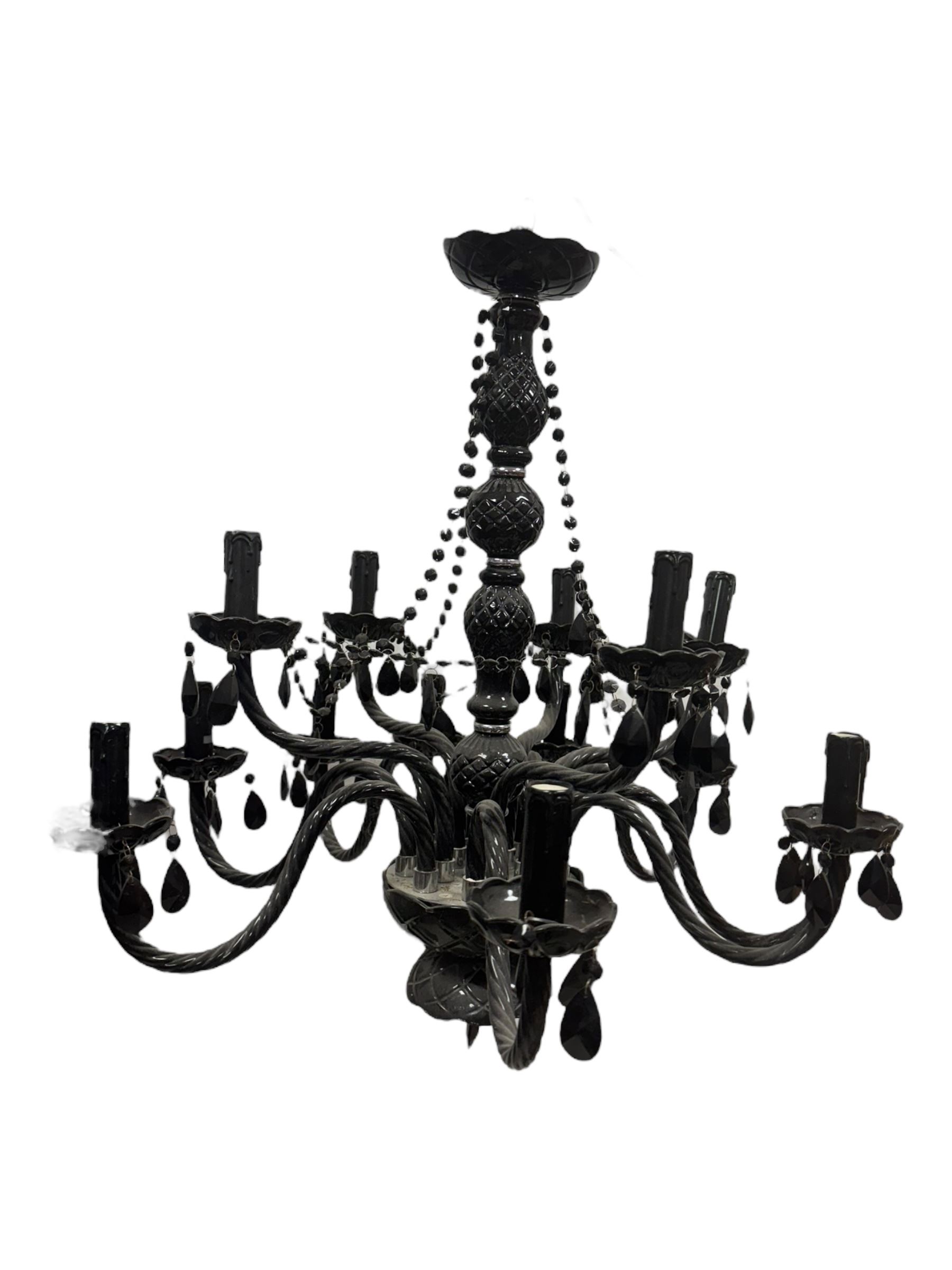 Two classical black glass fourteen branch chandeliers