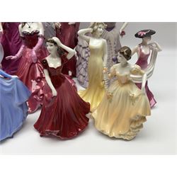 Nine Coalport figures, including Age of Elegance Evening Promenade, The Lovely Lady Christabel and Ladies of Fashion Pamela, together with eight miniature Coalport figures