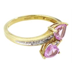 9ct gold two stone heart cut pink sapphire ring, with diamond set shoulders, hallmarked