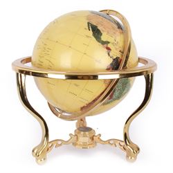 Polished gemstone terrestrial globe on gilt metal stand, H47cm