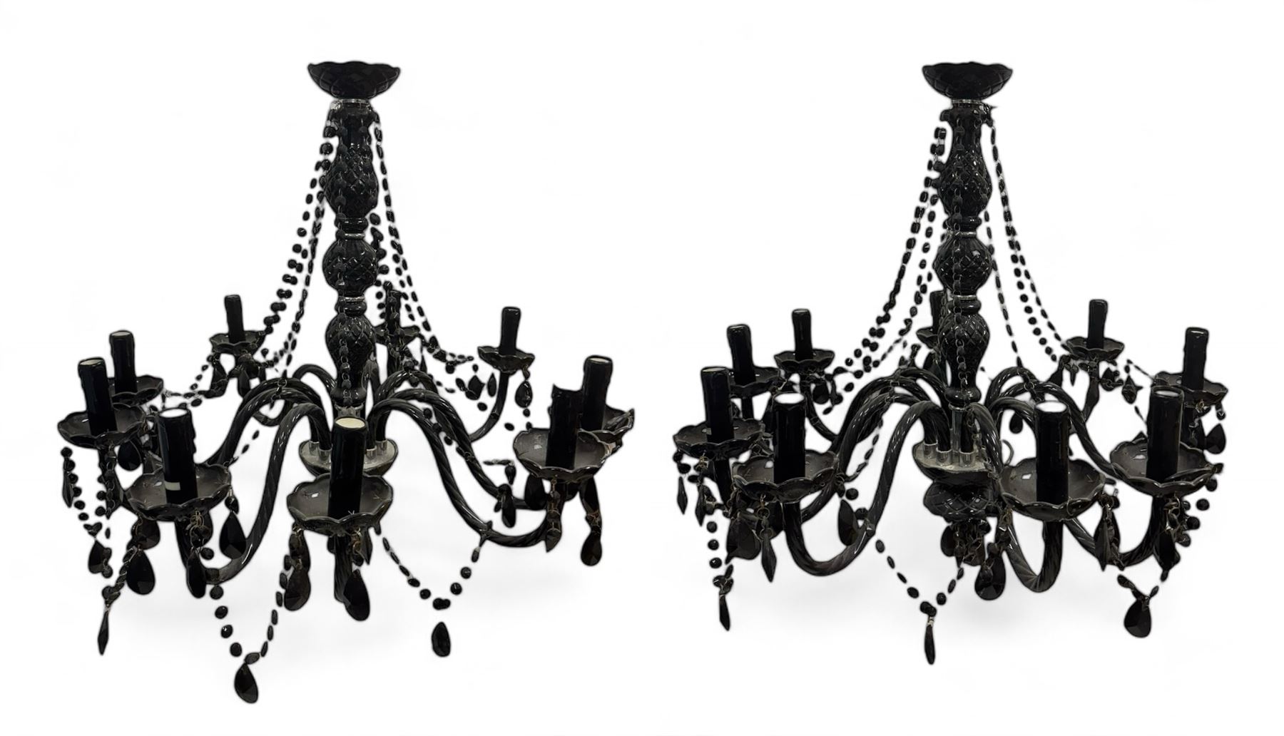 Two classical black glass fourteen branch chandeliers