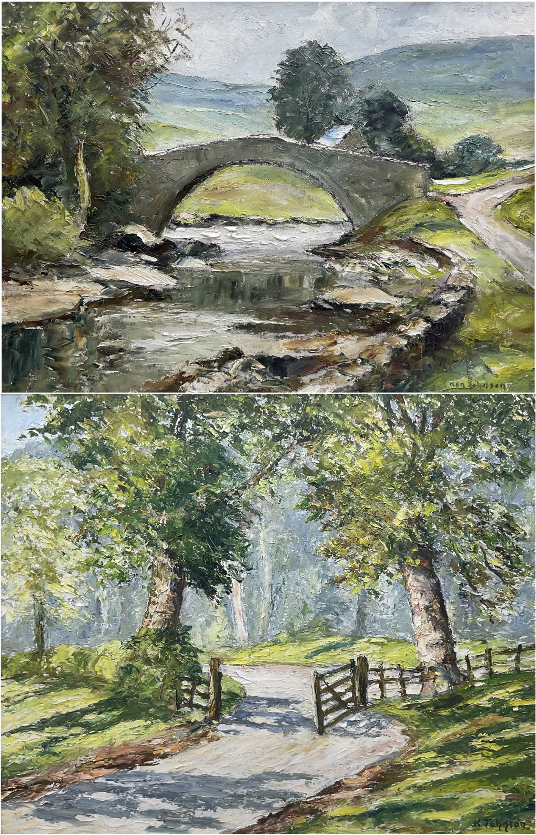 Ken Johnson (British 20th century): 'The Bridge at Yockenthwaite - Wharfedale' and A Forest Gate, two oils on board signed, the former titled and dated 1970 verso 44cm x 60cm and 50cm x 60cm (2)