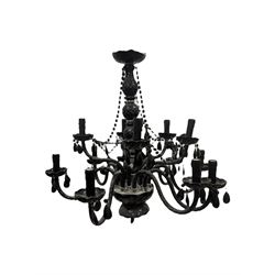 Two classical black glass fourteen branch chandeliers