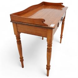 Victorian pitch pine washstand, raised gallery over rectangular top, fitted with single drawer, on turned supports 