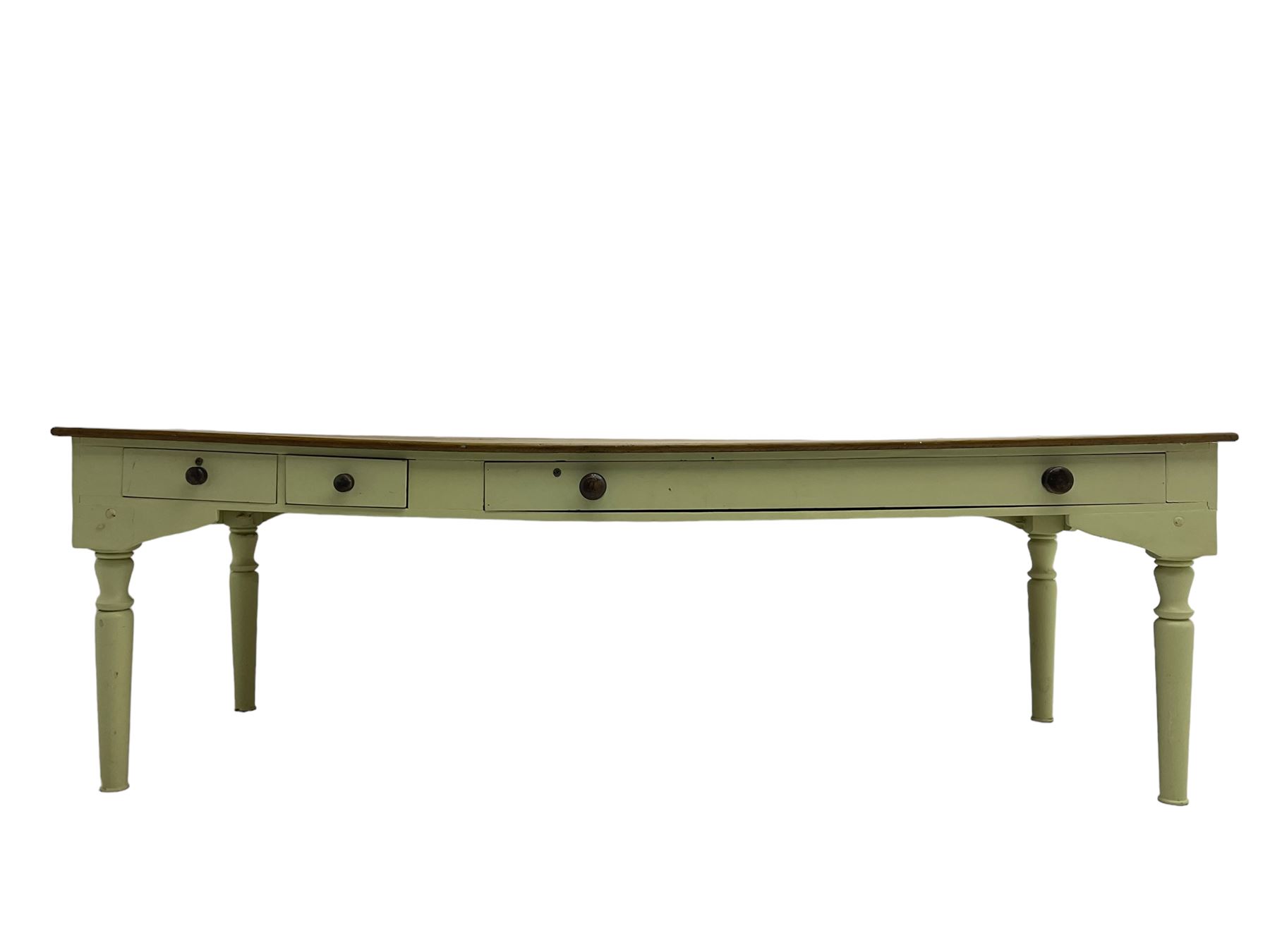 Large 20th century farmhouse style dining table, rectangular oak top on pale green painted base fitted with drawers, on turned supports