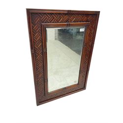 Chinese design bamboo and wood rectangular wall mirror, parquetry lattice-work bamboo, bevelled plate