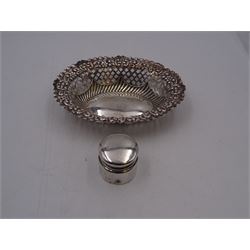 Small Victorian silver box, with rounded cover, hallmarked M Bros, Birmingham 1898, together with a Victorian silver pierced dish, hallmarked William Aitken, Chester 1899, dish W13cm