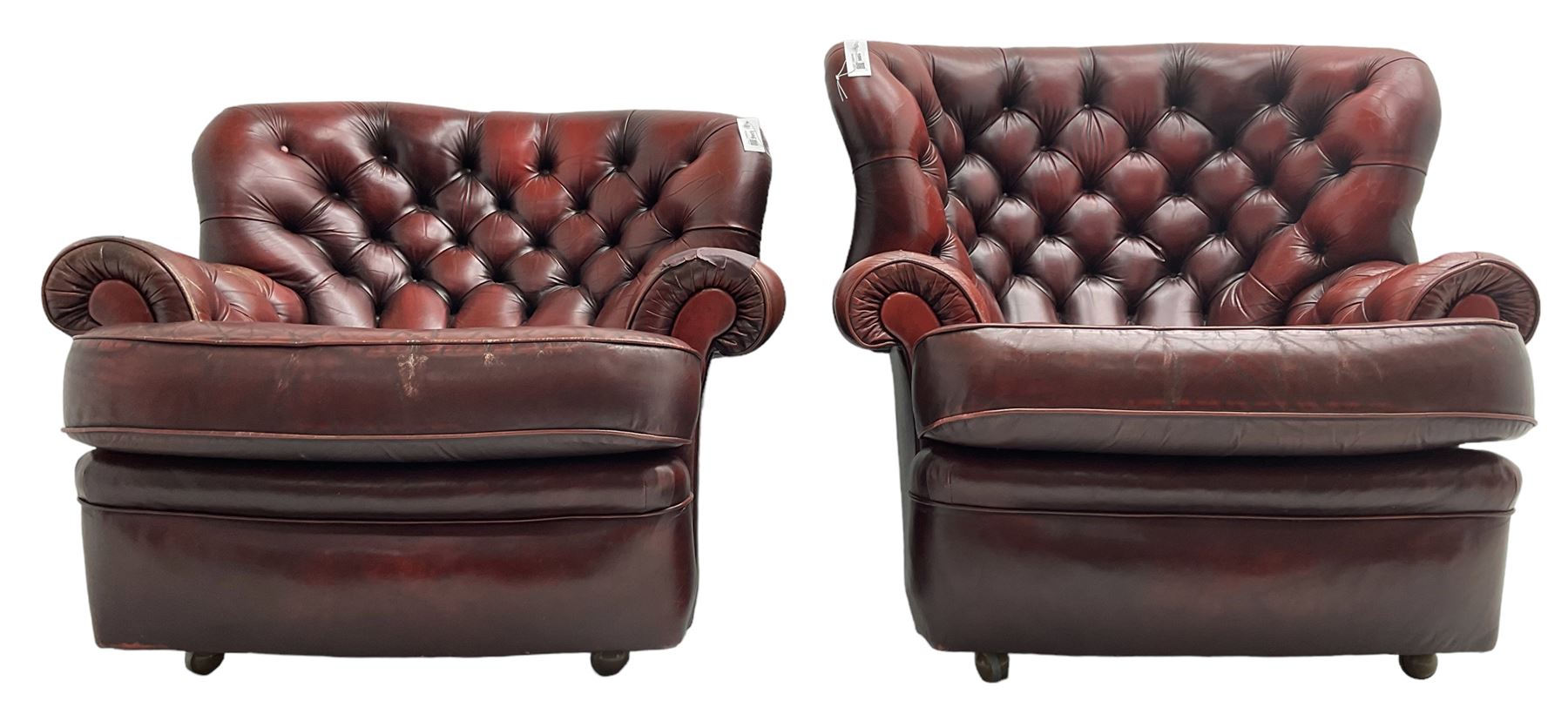 Wade - pair of Georgian design armchairs, high curved back and scrolled arms upholstered in deep buttoned oxblood 'Pegasus' leather, on castors