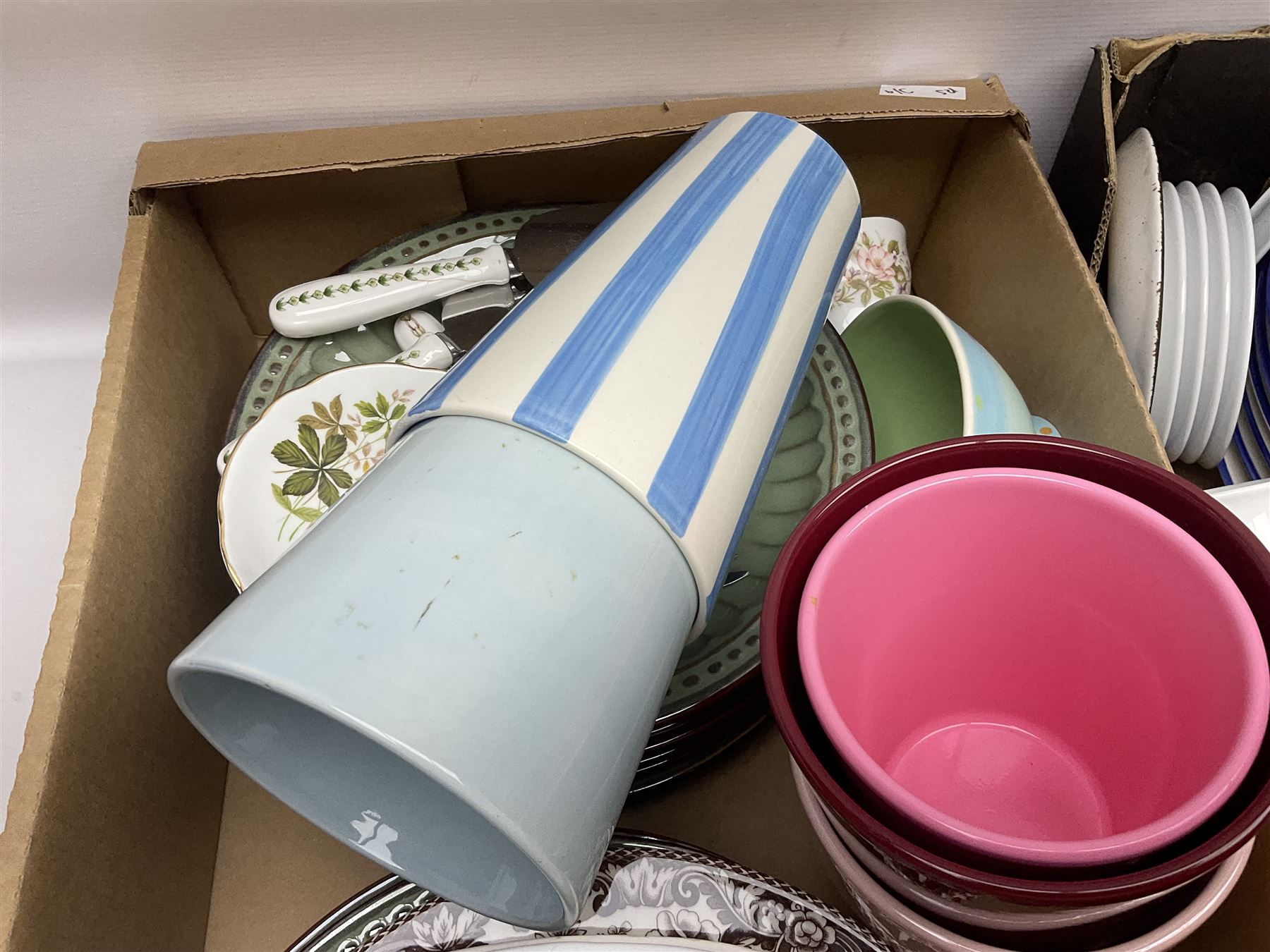 Four large meat platters, Royal Worcester Bunnykins mug and a large collection of other ceramics, including vases, dinner plates, teawares, etc, in five boxes 