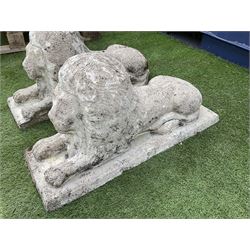 Pair composite stone garden recumbent lions - THIS LOT IS TO BE COLLECTED BY APPOINTMENT FROM DUGGLEBY STORAGE, GREAT HILL, EASTFIELD, SCARBOROUGH, YO11 3TX