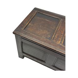 18th century oak blanket box, panelled hinged lid over panelled front, moulded frame, on stile supports 