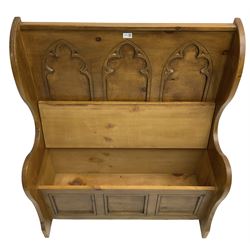 20th century pine hall bench or settle, the back with three Gothic design tracery panels over hinged box seat