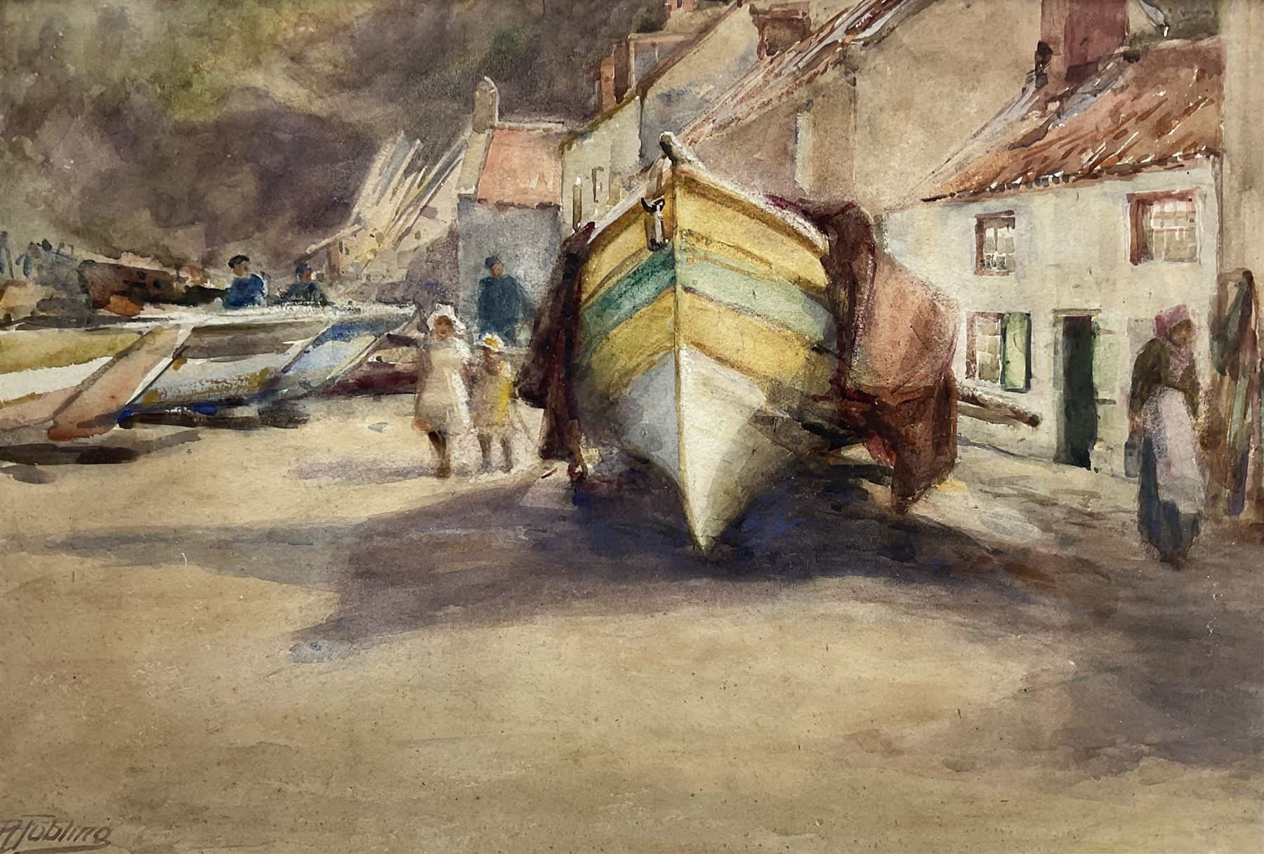 Robert Jobling (Staithes Group 1841-1923): Young Girls and Cobles on Seaton Garth - Staithes, watercolour signed 25cm x 37cm