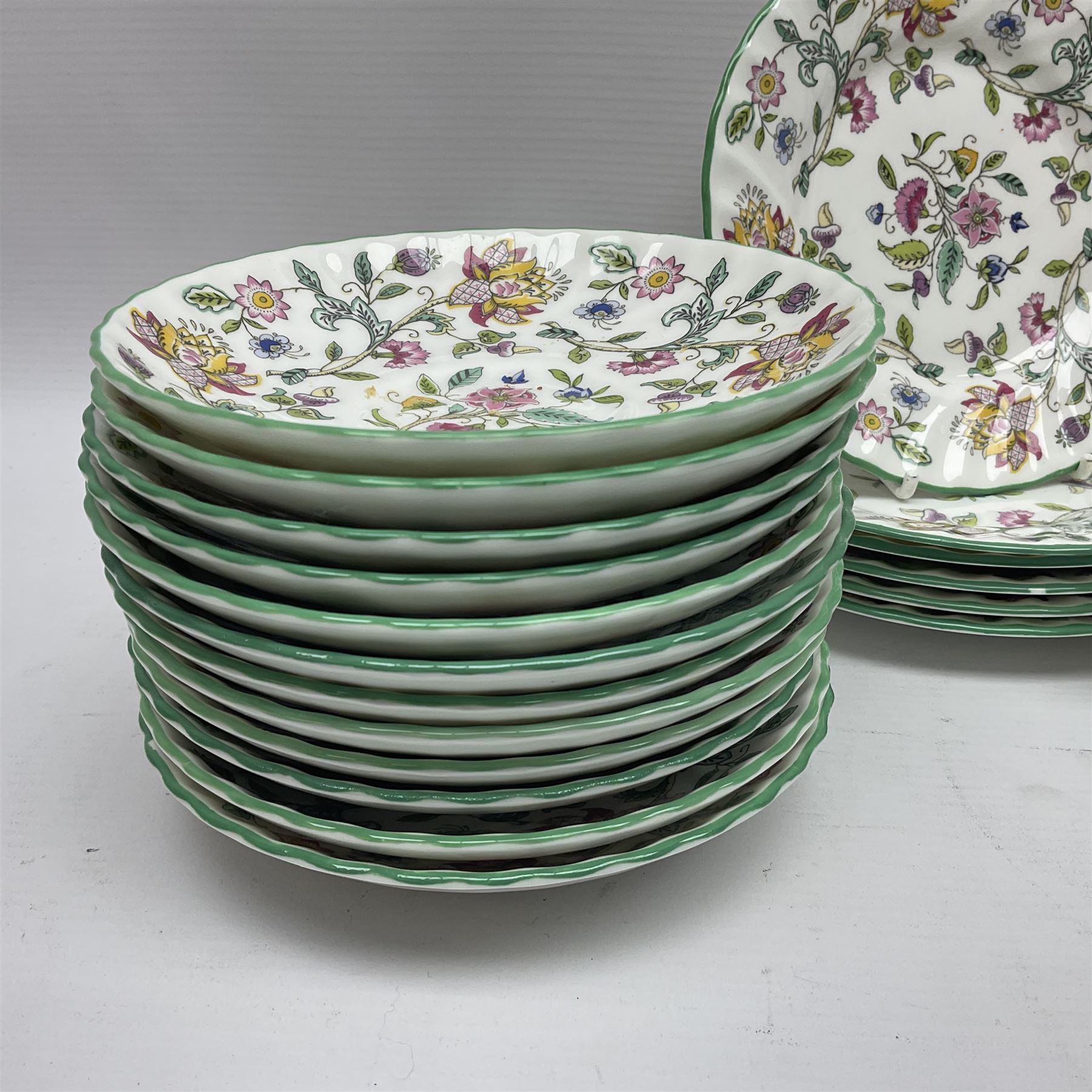 Minton Haddon Hall pattern tea service for twelve place settings, to include teapot, sugar bowl, milk jug, twelve cups and saucers and twelve dessert plates (39)