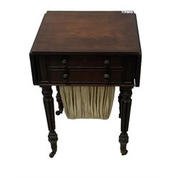 19th century mahogany drop-leaf work table, rectangular top with rounded corners, fitted with two cock-beaded drawers over pleated silk storage well, with matching opposing faux drawers, on turned and lobe moulded supports on castors