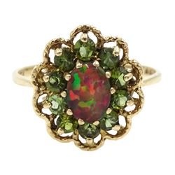9ct gold opal and peridot cluster ring, hallmarked