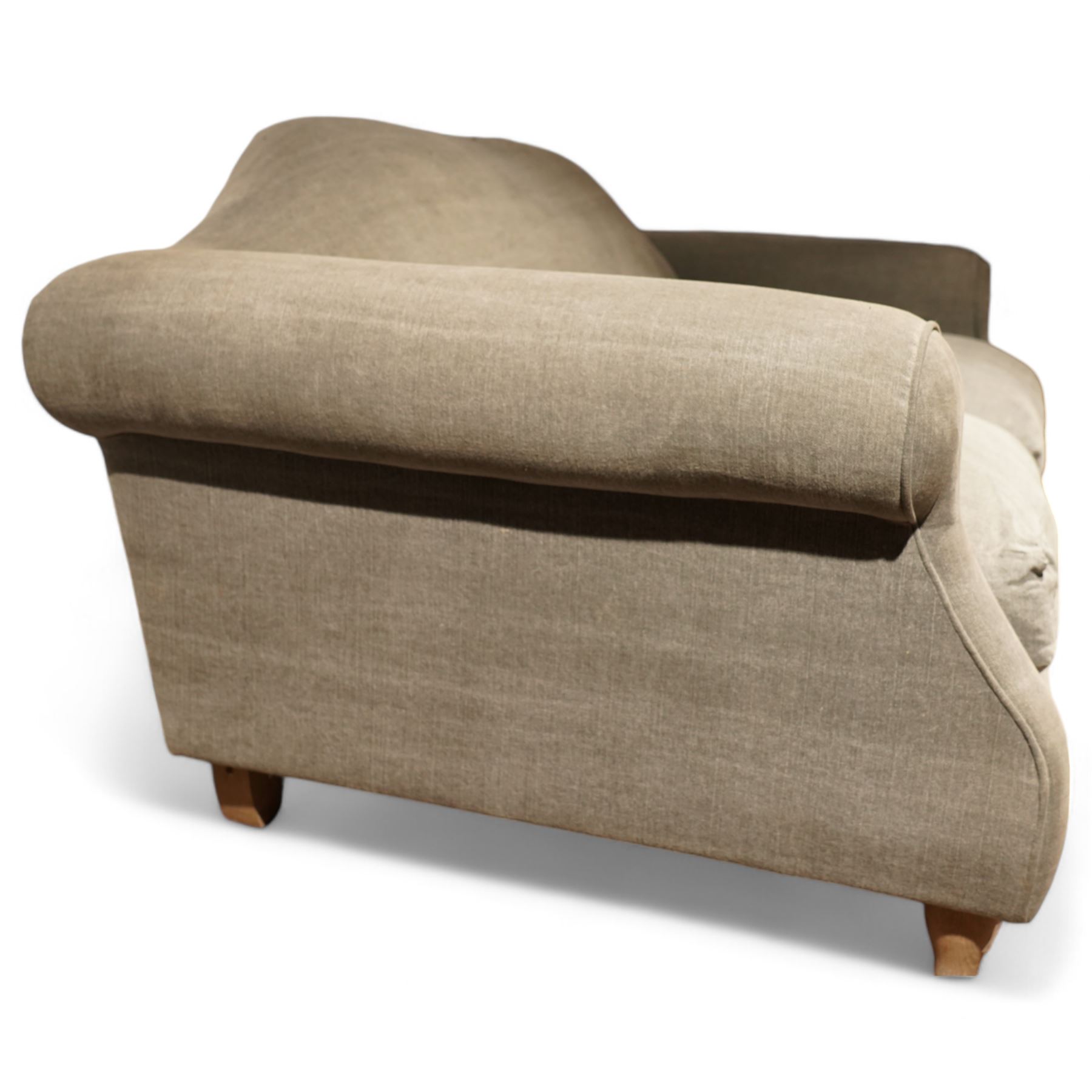 Loaf - grande traditional shape three two sofa, shaped back over rolled arms, upholstered in stone-grey fabric, on turned oak feet