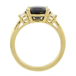 18ct gold three stone sapphire and round brilliant cut diamond ring, hallmarked, sapphire approx 3.95 carat