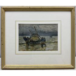 Robert Jobling (Staithes Group 1841-1923): Launching the Coble, watercolour signed 12cm x 18cm