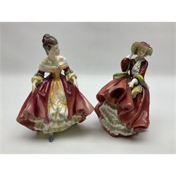 Five Royal Doulton figures, comprising Ninette HN2379, Adrienne HN2304, Top o the Hill HN1934, Janine HN2461, Southern Belle HN2229