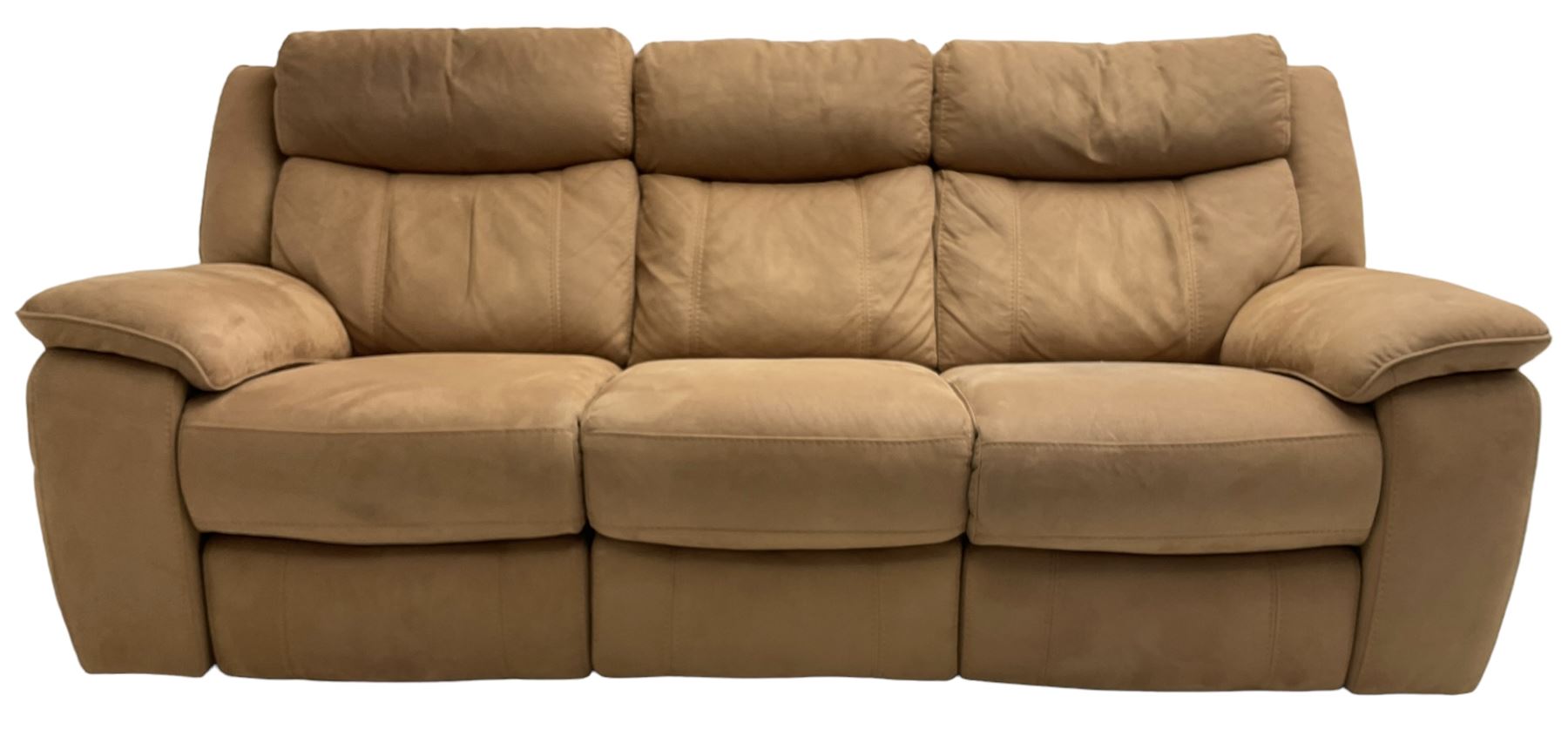 Electric reclining three-seat sofa (W213cm, H100cm) and matching armchair (W109cm) upholstered in brown fabric