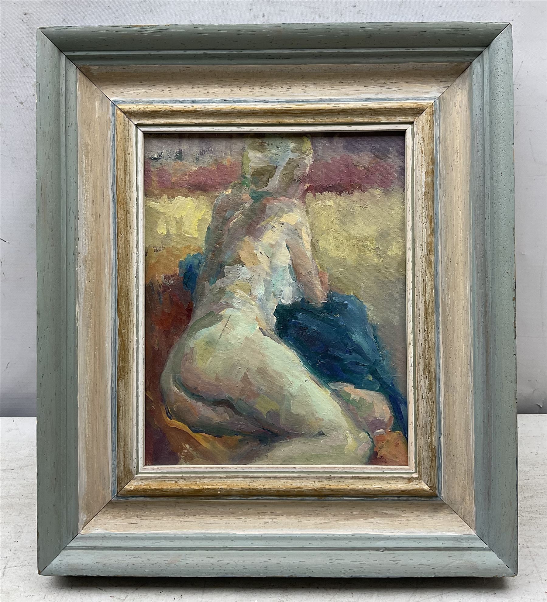 Pamela Daukes (British 20th Century): 'The Blue Cloak' Reclining Nude, oil on canvas board unsigned, titled verso 24cm x 19cm 