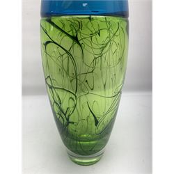 Stuart Akroyd glass vase, blue banded top and lime green lower section with free flowing line decoration, with sticker and engraved signature beneath, H29.5cm