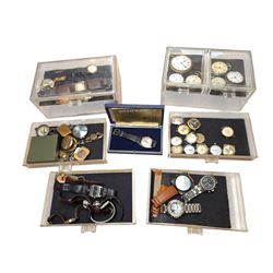 Collection of wristwatches and pocket watches, including Zenta, Rotary and Timex, in plastic drawers