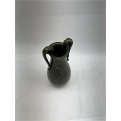 Japanese green twin handled vase, with silver overlay depicting cranes and floral sprigs, H24cm 