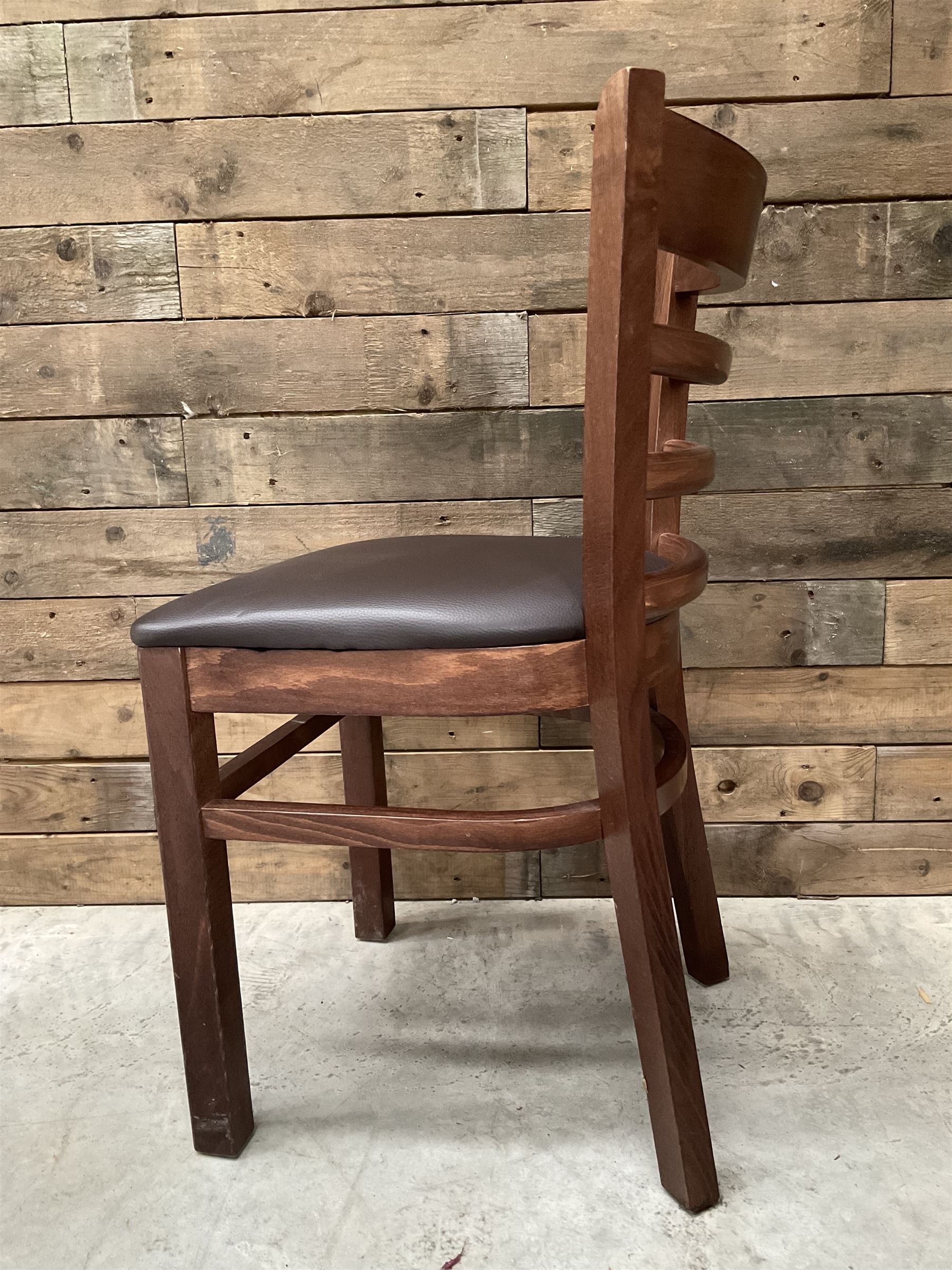 12 x dark walnut low back restaurant chairs, faux leather seat