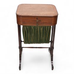 Small Regency mahogany sewing table, rectangular top with moulded edge, inlaid with cross-banding, fitted with single drawer over upholstered sliding well, raised on twin ring-turned double end supports united by two swell and ring turned stretchers, terminating to splayed supports on castors