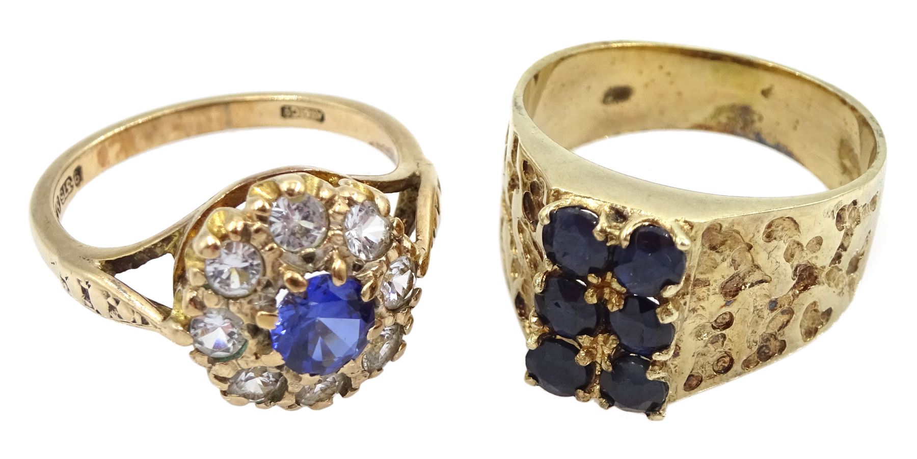 9ct gold six stone sapphire panel ring with textured shoulders, London ...