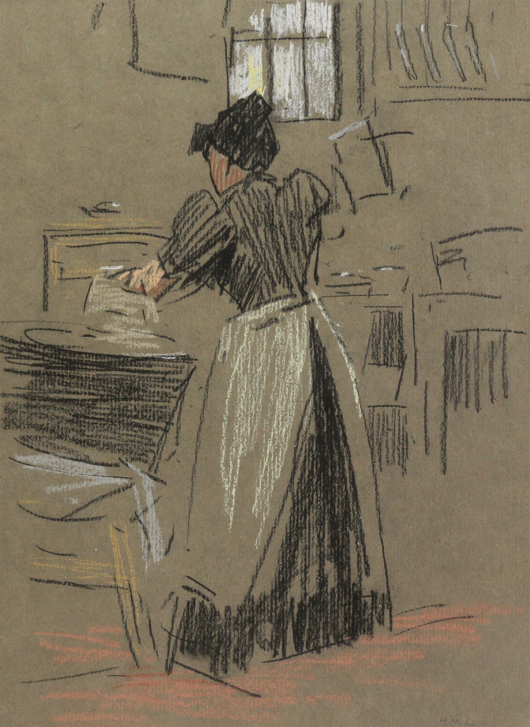 Horace Mann Livens (British 1862-1936): Lady Working in the Kitchen, pastel signed with initials 35cm x 26cm 