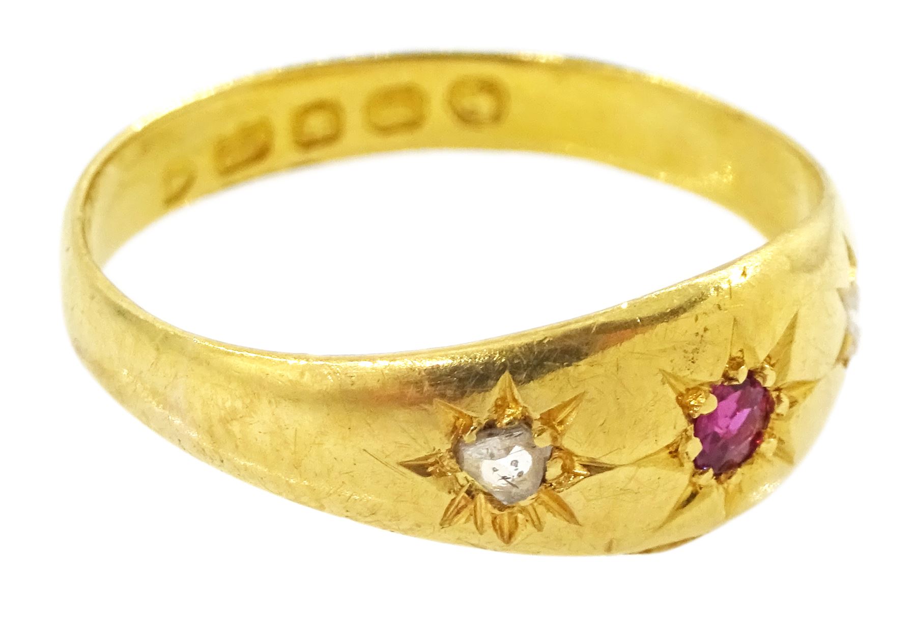 Victorian 22ct gold three stone gypsy set ruby and diamond ring, London 1865