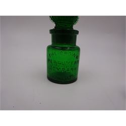 Edwardian silver mounted green glass scent bottle, with embossed silver sleeve and crown finial to stopper, the glass body marked 'The Crown Perfumery Company London', silver sleeve hallmarked Arthur Willmore Pennington, Birmingham 1903