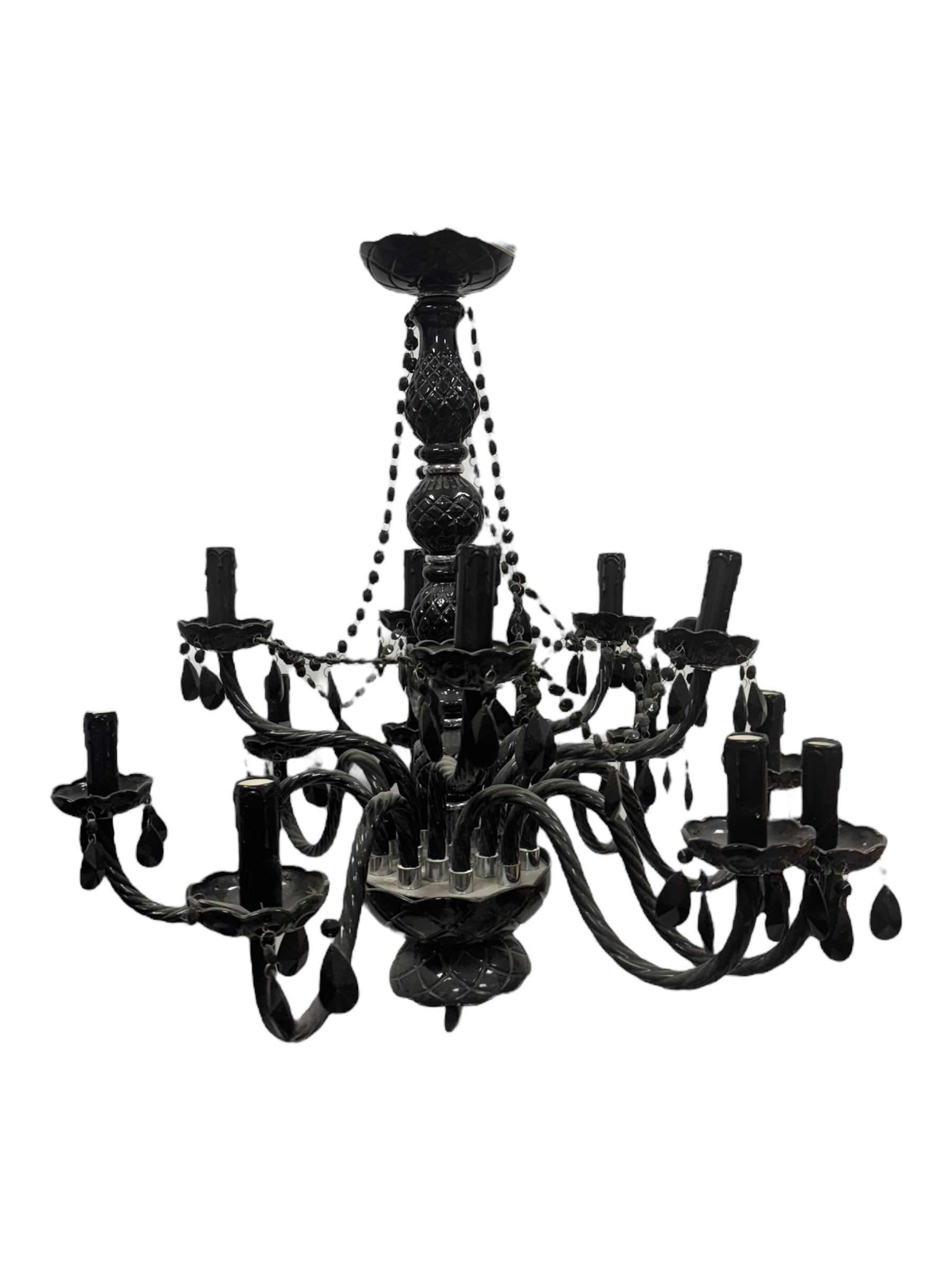 Two classical black glass fourteen branch chandeliers