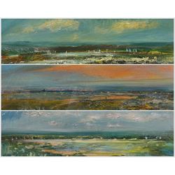 Peter Hodson (British Contemporary): Panoramic Norfolk Landscapes, three oils on board signed 12cm x 38cm (3)