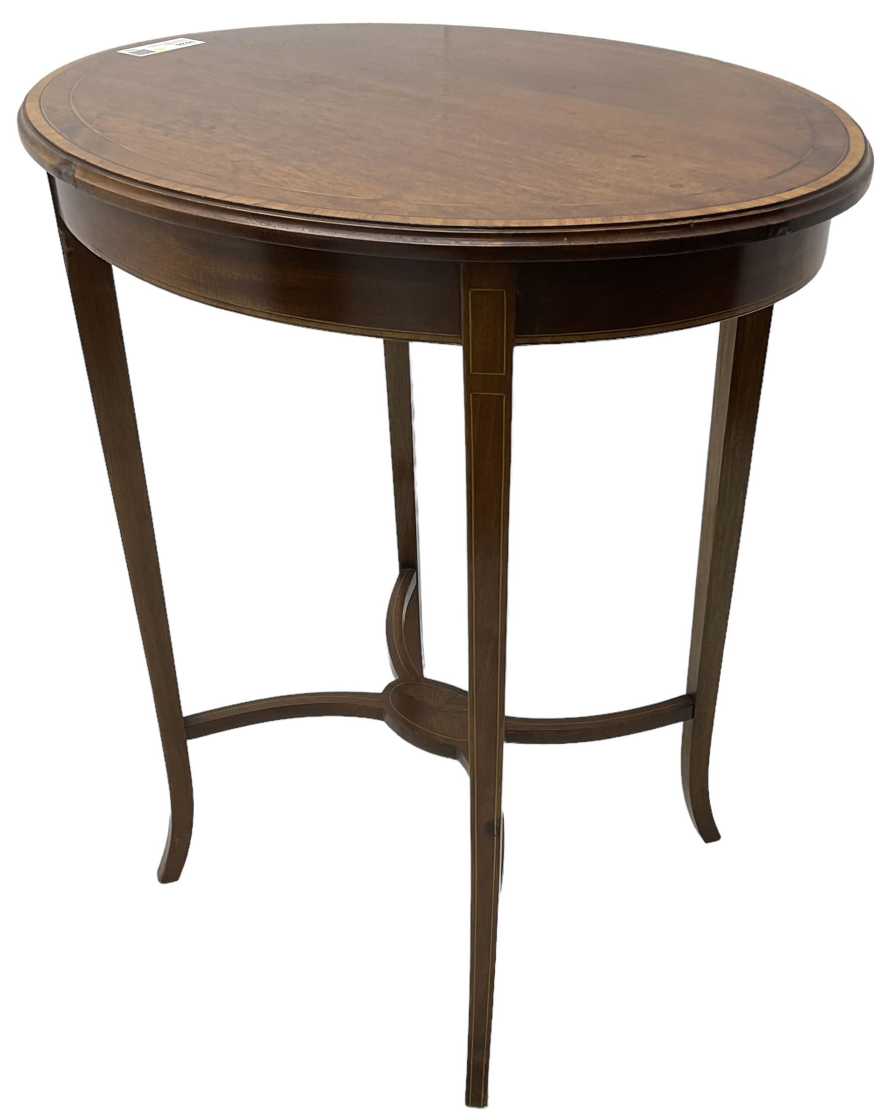 Edwardian inlaid mahogany centre table, oval moulded top with satinwood banding, on square tapering supports united by curved X-framed stretchers 