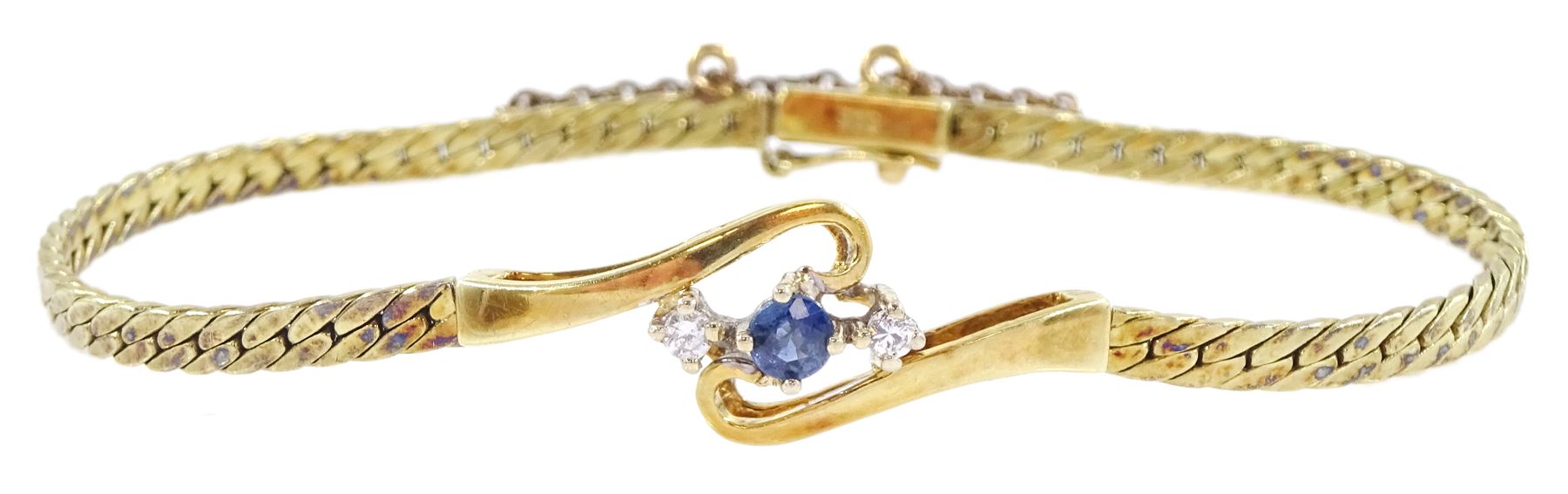 14ct gold three stone sapphire and diamond twist design and herringbone link bracelet, stamped 585